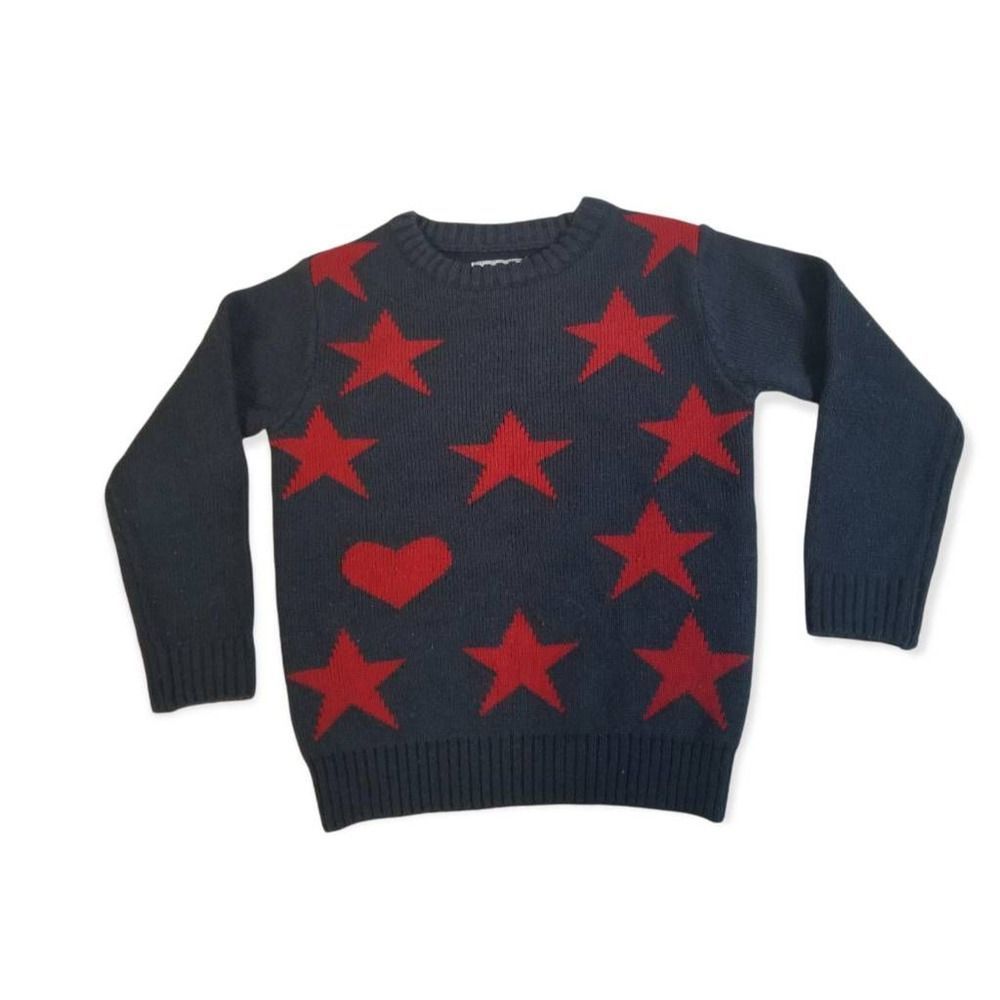 Pantaloons Boys Pullover Sweater Blue Red Stars Crew Ribbed Long Sleeve 3-4 Y